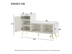 Banco de sapatos com 1 porta, 2 nichos e almofada - pés e puxadores de metal dourado - Branco - 120 x 35 x 68,5 cm