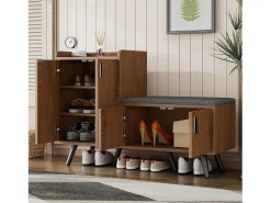 Banco de sapatos moderno com 4 portas e almofada - pernas e puxadores de metal - cor natural - 120 x 34 x 82 cm