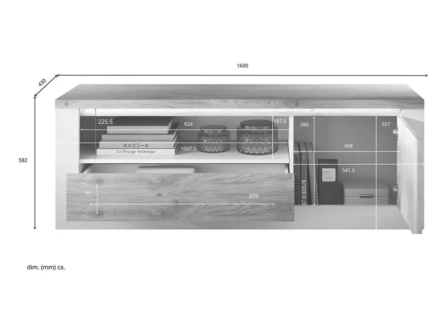 Banco para TV SASHA – 1 porta, 1 gaveta e 1 nicho aberto com LED – Branco laqueado e carvalho Cadiz