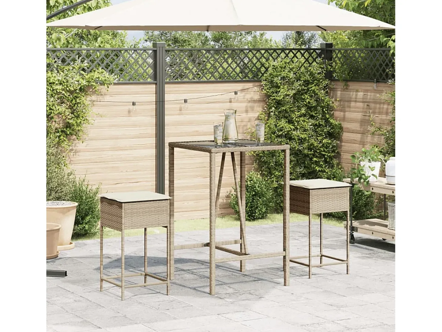 Bancos de bar com almofadões para jardim 2 pcs vime PE bege PT972174