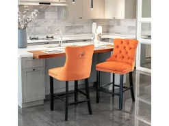 Bancos de bar estofados, conjunto de 2 Com rebites decorativos e pés em madeira Acabamento cromado com rebites Revestimento em veludo, laranja