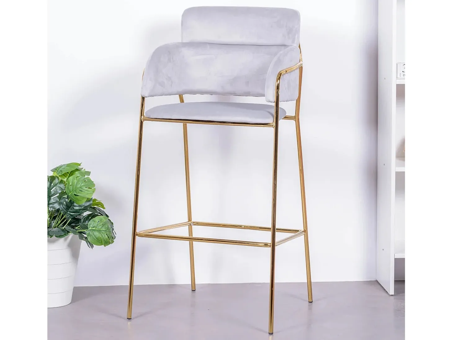 Banqueta de design estofada em veludo e pernas douradas - Cruiser - Cinza