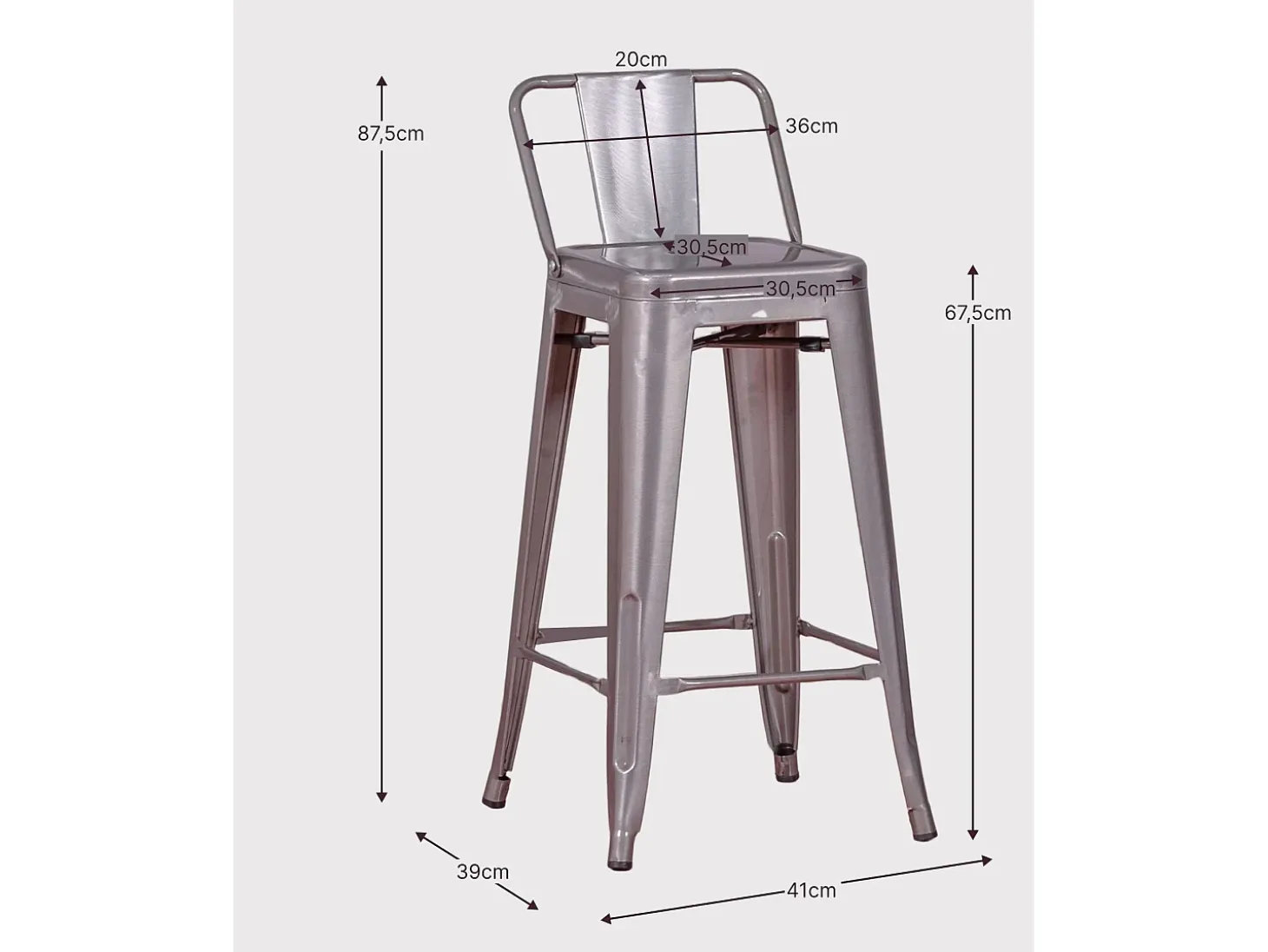 Banqueta industrial de metal com encosto baixo (66cm) - Bistro - Metal