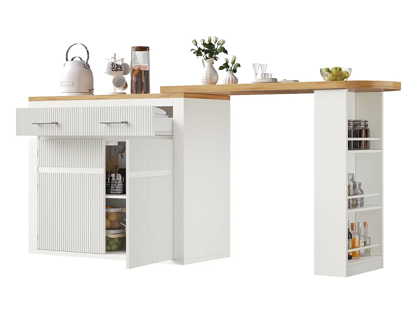 Bar extensível com 2 gavetas e 2 portas - Tampo extensível com rodízios - Branco e madeira