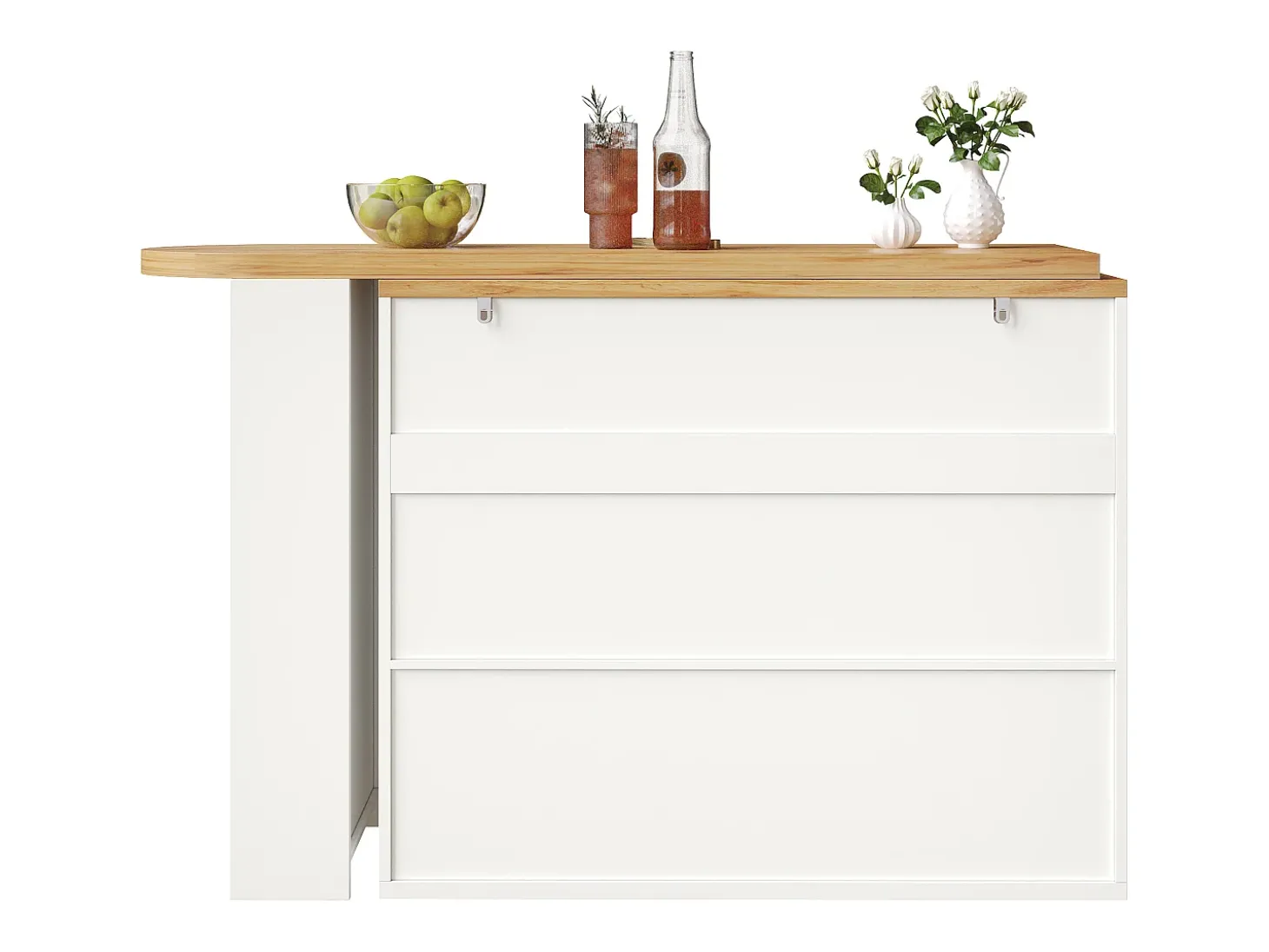 Bar extensível com 2 gavetas e 2 portas - Tampo extensível com rodízios - Branco e madeira