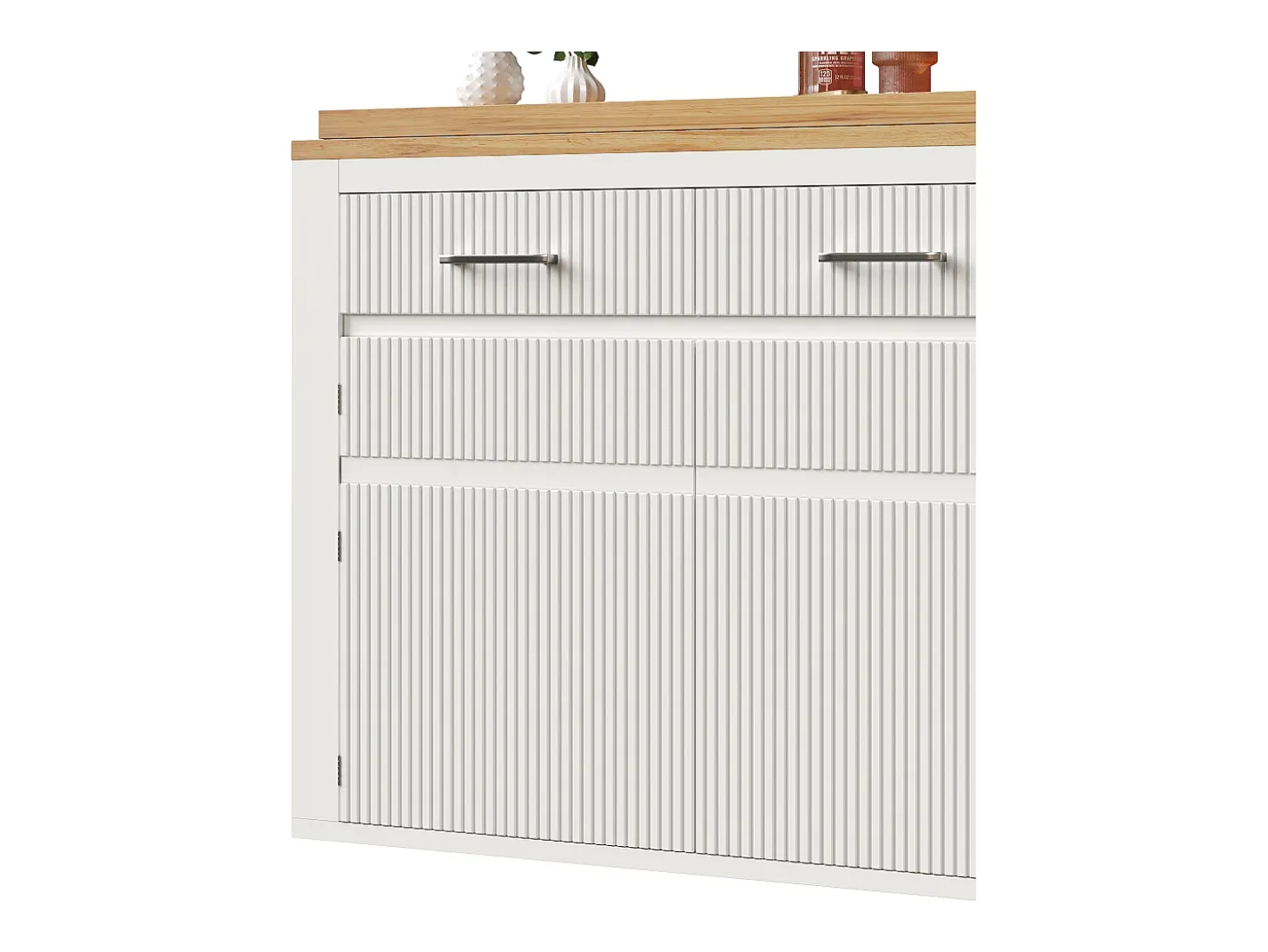 Bar extensível com 2 gavetas e 2 portas - Tampo extensível com rodízios - Branco e madeira