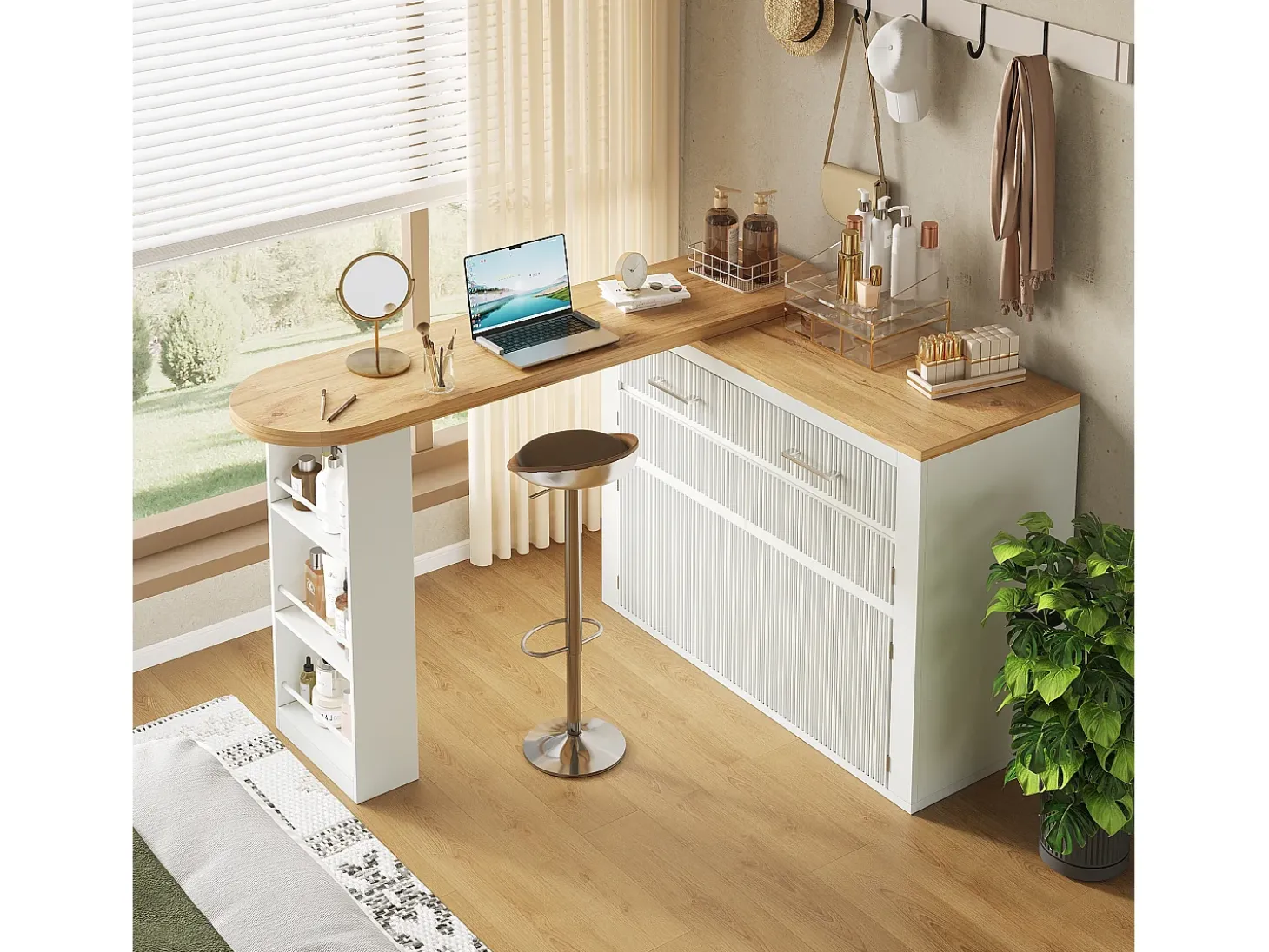 Bar extensível com 2 gavetas e 2 portas - Tampo extensível com rodízios - Branco e madeira