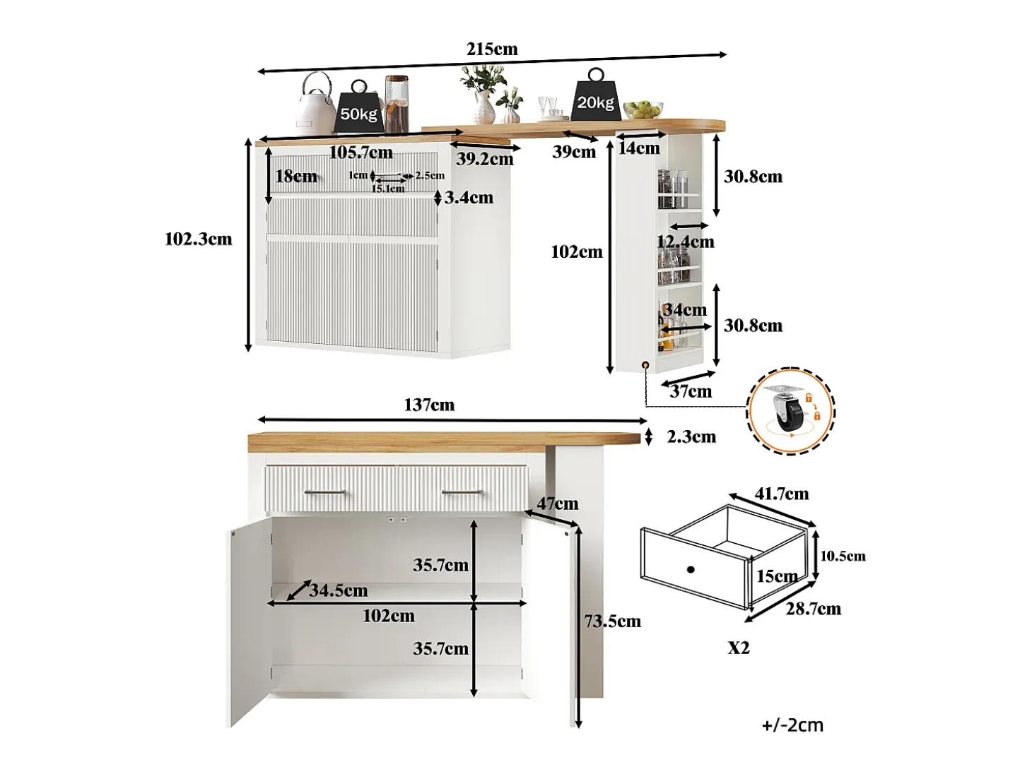 Bar extensível com 2 gavetas e 2 portas - Tampo extensível com rodízios - Branco e madeira