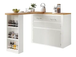 Bar extensível com 2 gavetas e 2 portas - Tampo extensível com rodízios - Branco e madeira