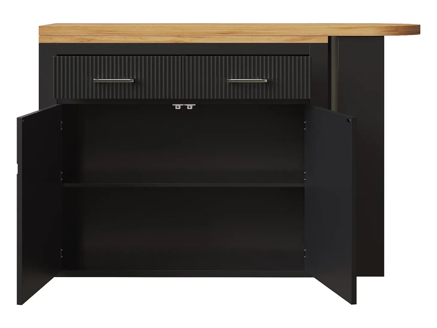 Bar extensível com 2 gavetas e 2 portas - Tampo extensível com rodízios - Preto e madeira