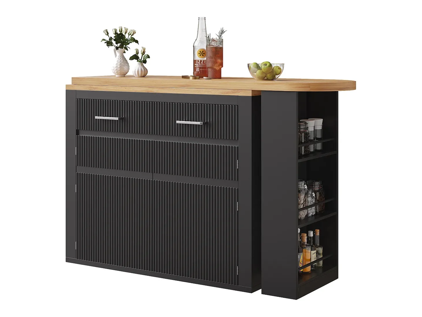 Bar extensível com 2 gavetas e 2 portas - Tampo extensível com rodízios - Preto e madeira
