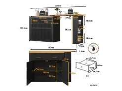 Bar extensível com 2 gavetas e 2 portas - Tampo extensível com rodízios - Preto e madeira