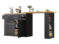 Bar extensível com 2 gavetas e 2 portas - Tampo extensível com rodízios - Preto e madeira