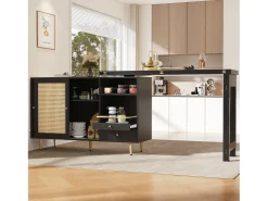 Bar giratório com 2 portas de correr em rattan e gaveta - Preto