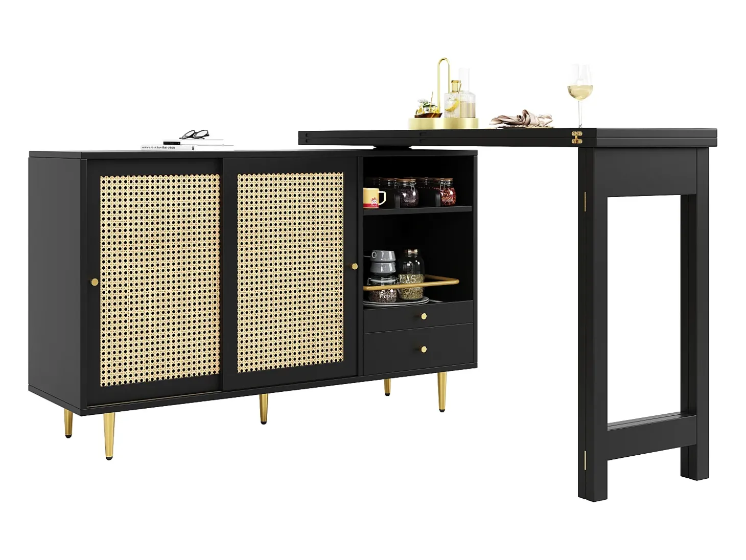 Bar giratório com 2 portas de correr em rattan e gaveta - Preto
