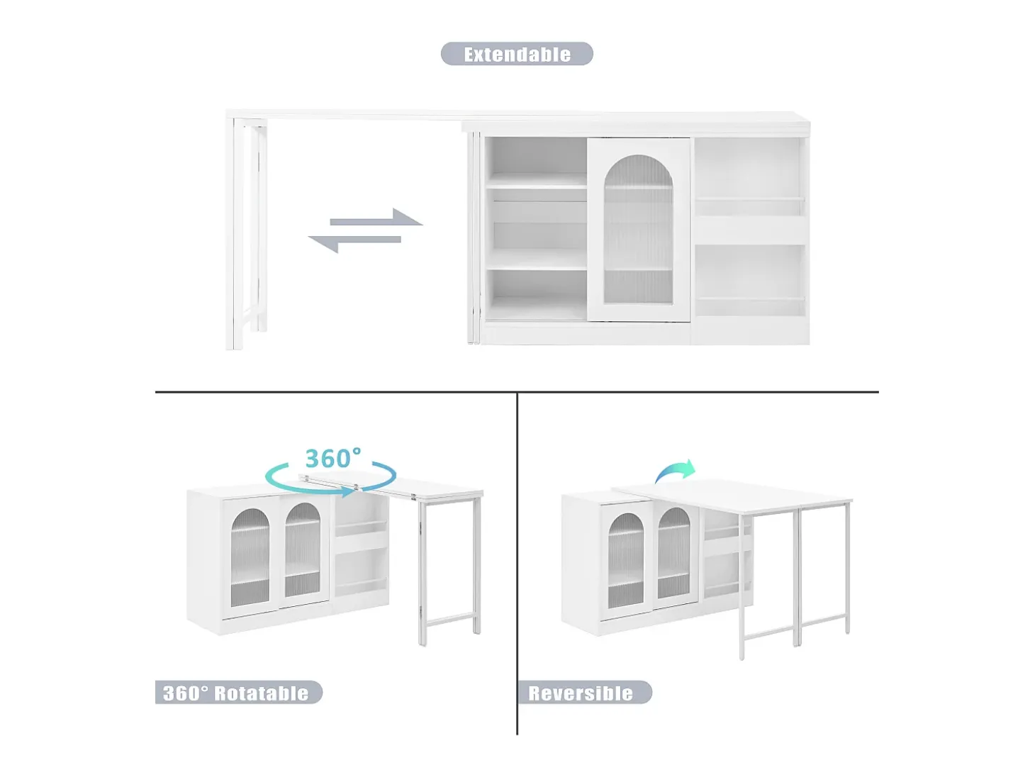 Bar giratório com 2 portas de vidro - Tampo reversível - Branco