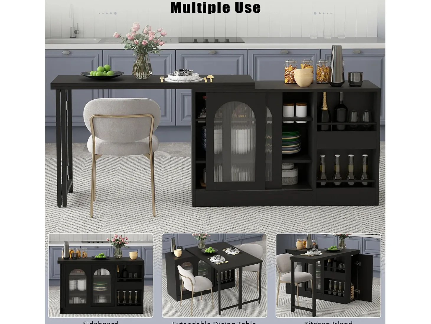 Bar giratório com 2 portas de vidro - Tampo reversível - Preto