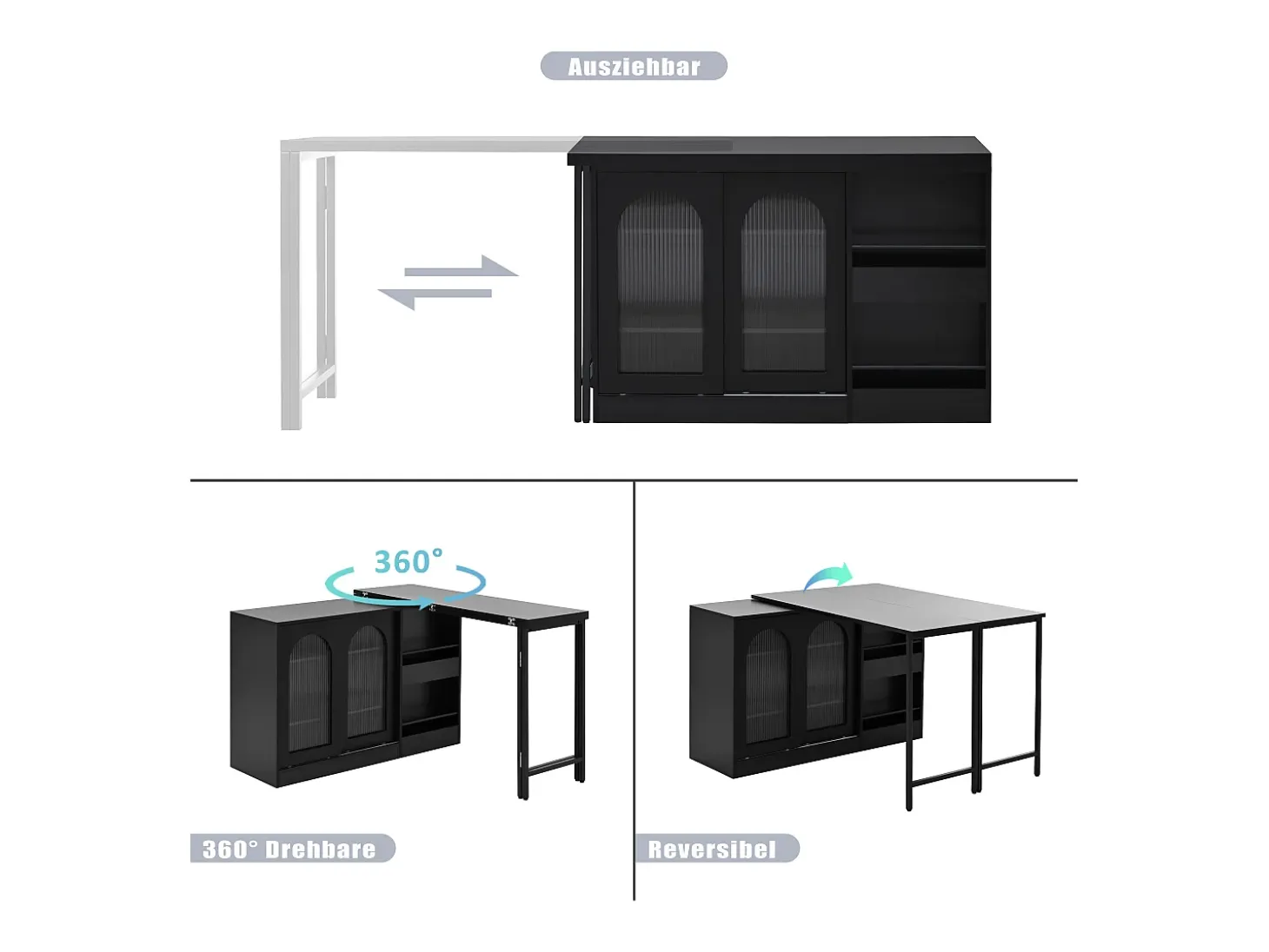 Bar giratório com 2 portas de vidro - Tampo reversível - Preto
