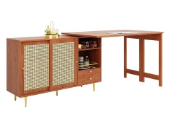 Bar giratório com 2 portas de correr em rattan e gaveta - castanho