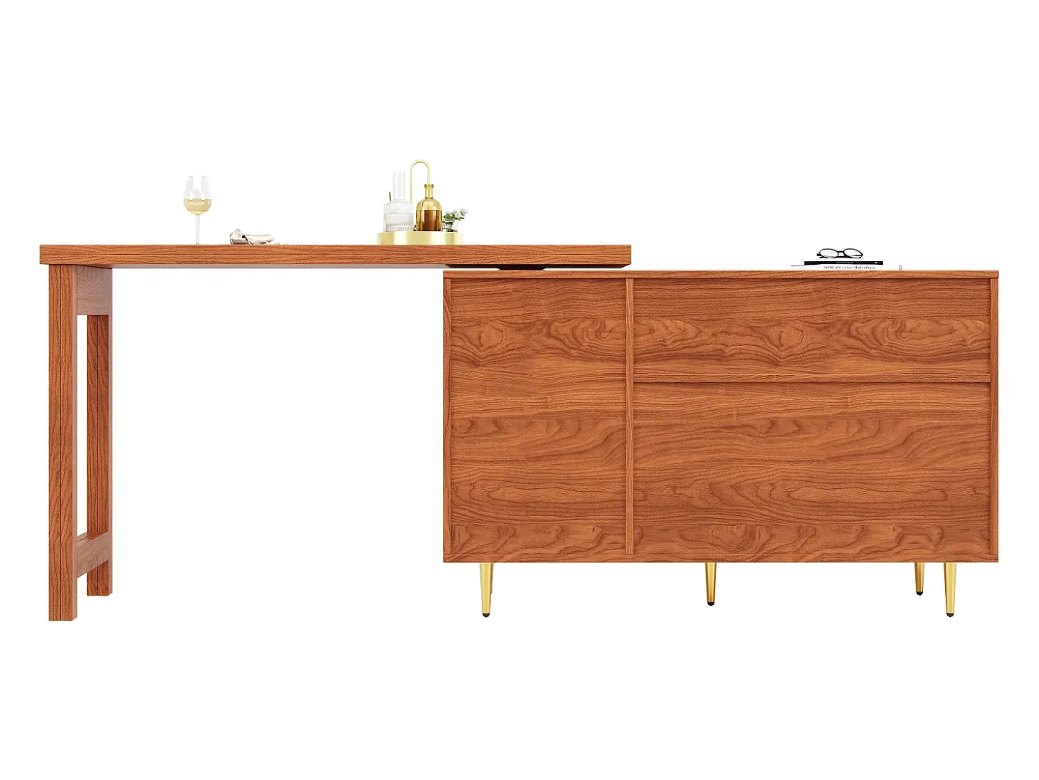 Bar giratório com 2 portas de correr em rattan e gaveta - castanho