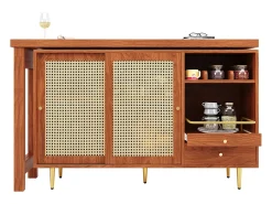 Bar giratório com 2 portas de correr em rattan e gaveta - castanho
