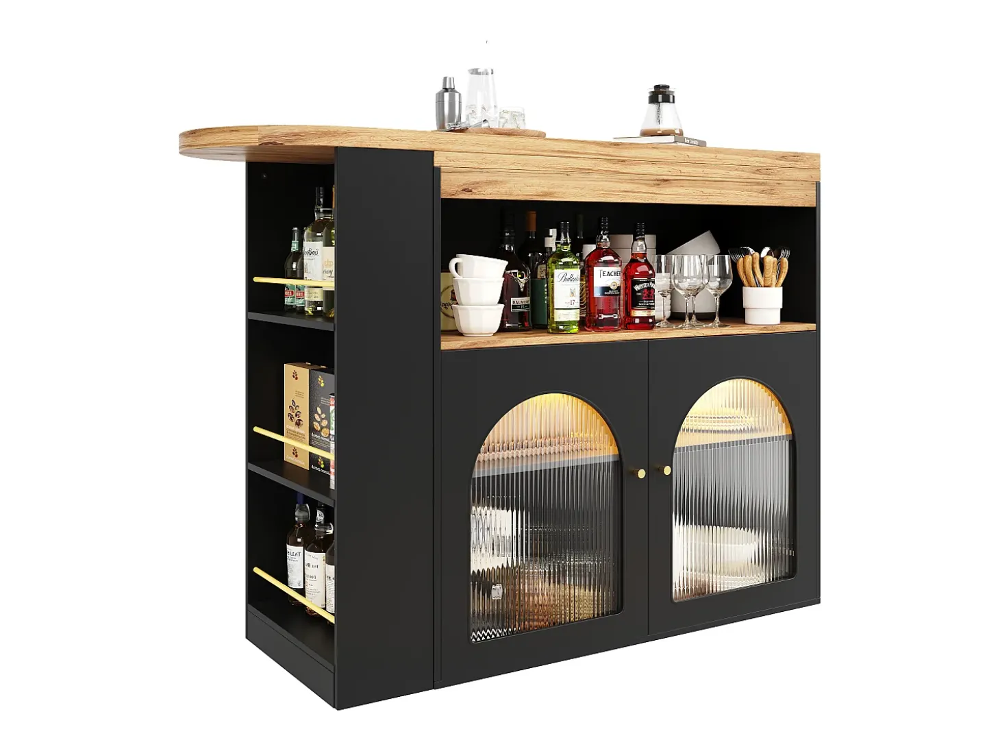 Bar giratório com iluminação LED e 2 portas de vidro - Preto e bege claro