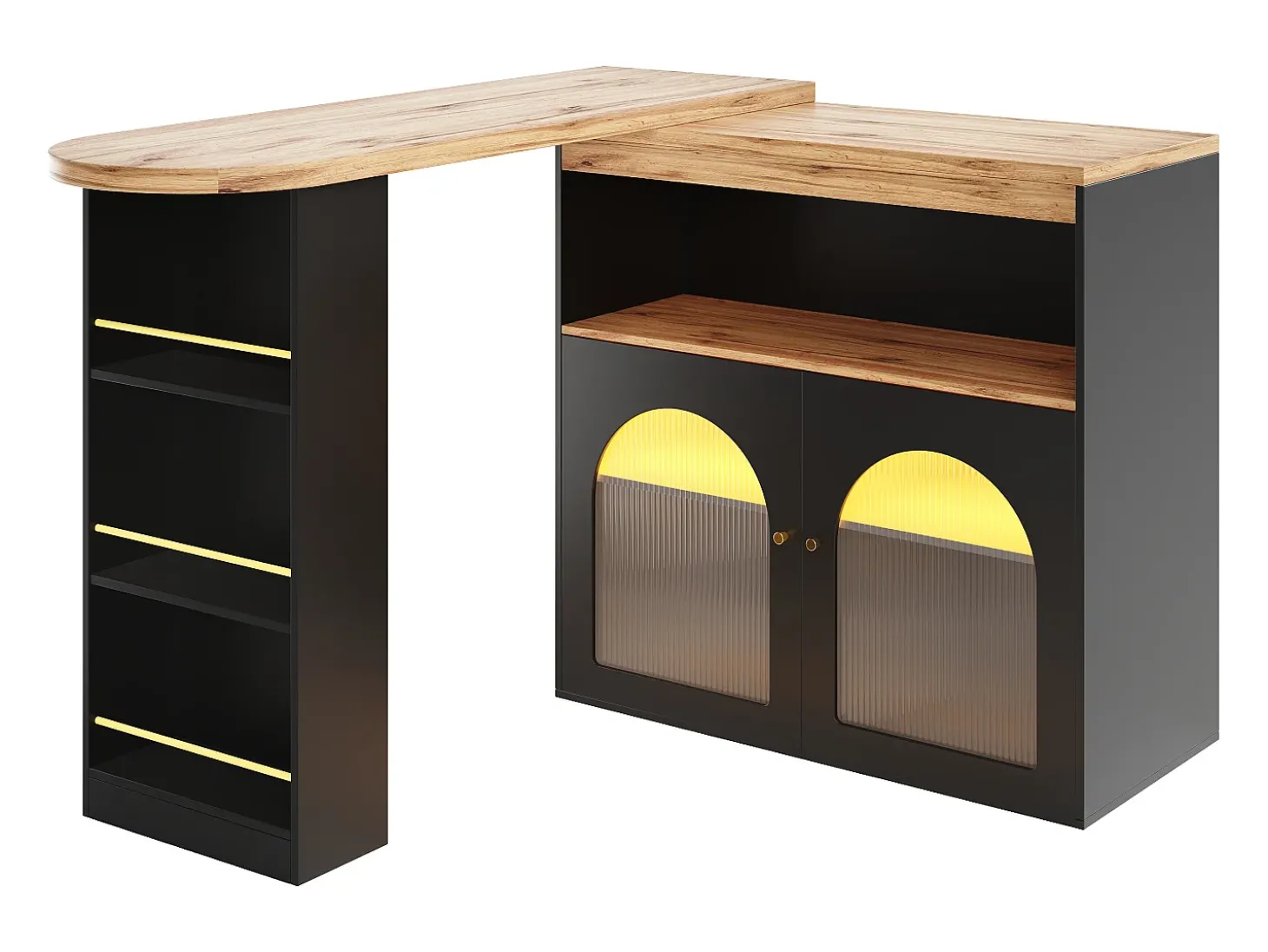 Bar giratório com iluminação LED e 2 portas de vidro - Preto e bege claro