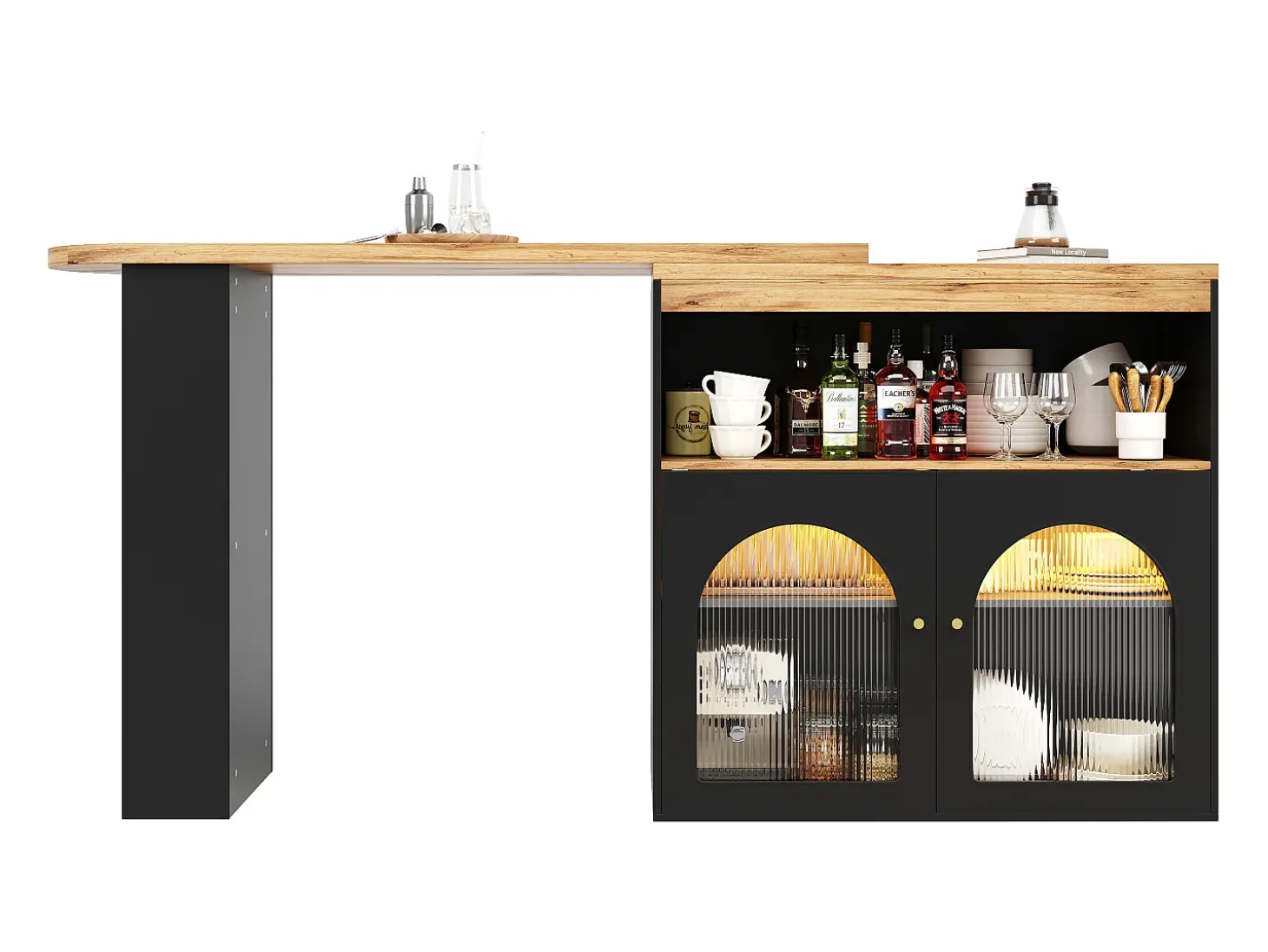 Bar giratório com iluminação LED e 2 portas de vidro - Preto e bege claro