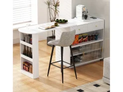 Bar/aparador extensível com dobradiças giratórias - 120 x 50 x 95,5 cm - com porta + prateleiras + iluminação LED + 2 gavetas - MDF - branco