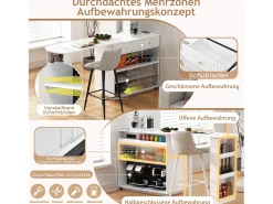 Bar/aparador extensível com dobradiças giratórias - 120 x 50 x 95,5 cm - com porta + prateleiras + iluminação LED + 2 gavetas - MDF - branco
