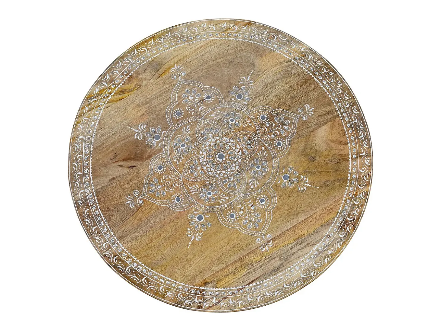Base da mesa em madeira de mangue e pedras em metal natural e preto.
