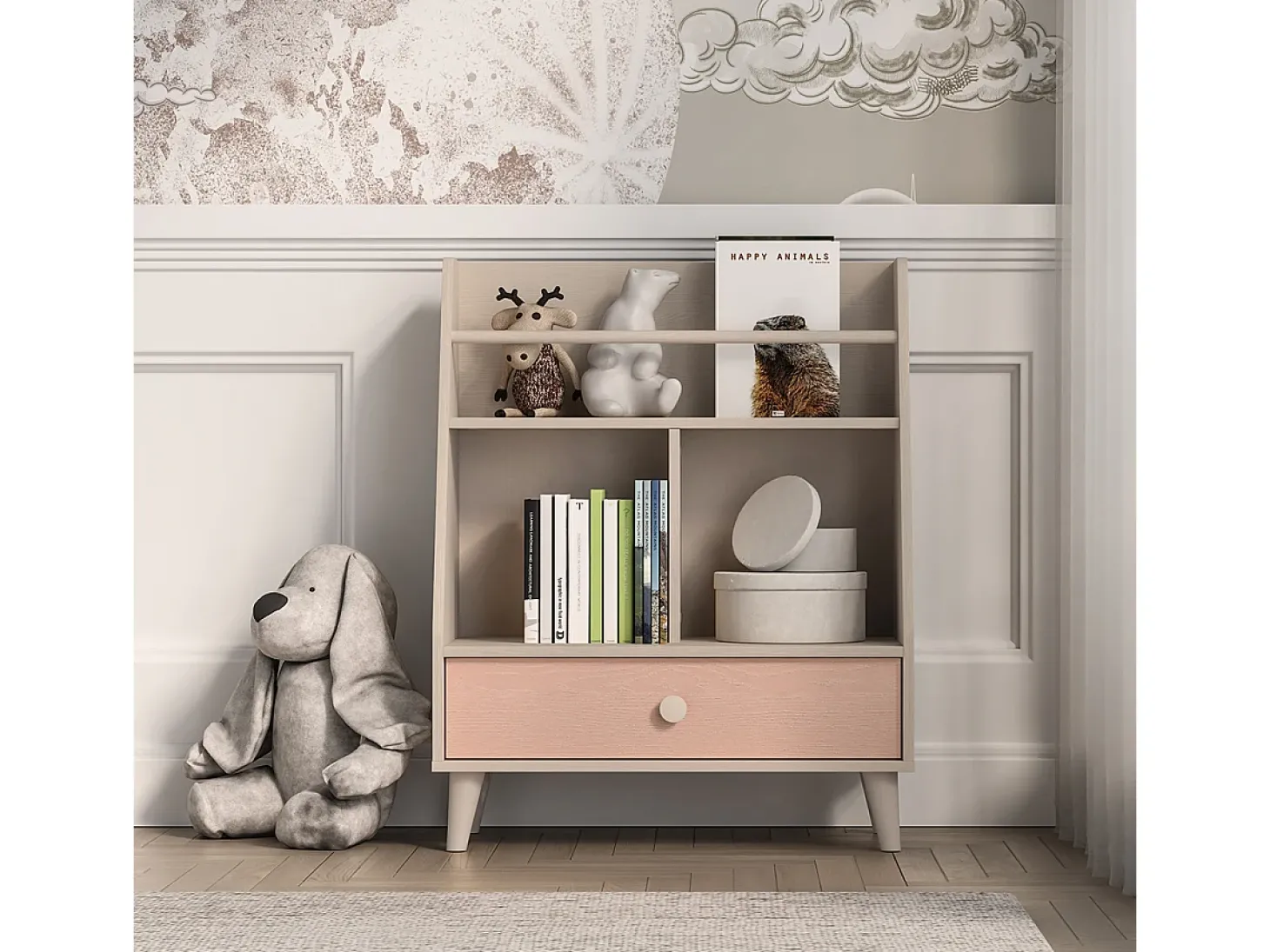 Biblioteca 1 gaveta Alycia bege - rosa coral - efeito madeira 90cm