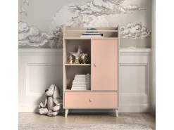 Biblioteca 1 porta 1 gaveta Alycia bege - rosa coral - efeito madeira 132cm