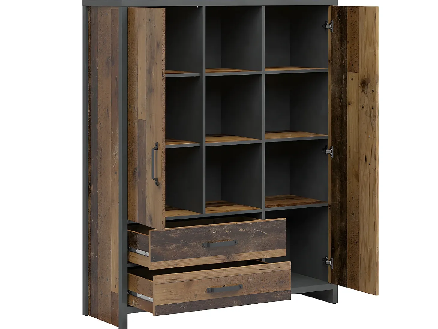 Biblioteca 2 portas 2 gavetas Paul madeira e cinzento 150cm