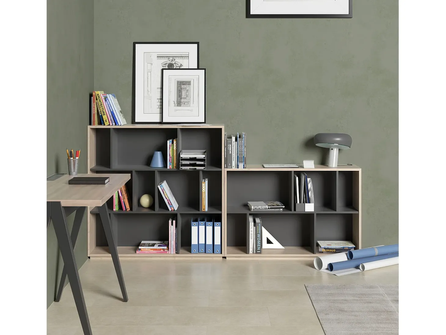 Biblioteca 2 prateleiras - A80cm x C119cm x P32cm carvalho e antracite - Nack