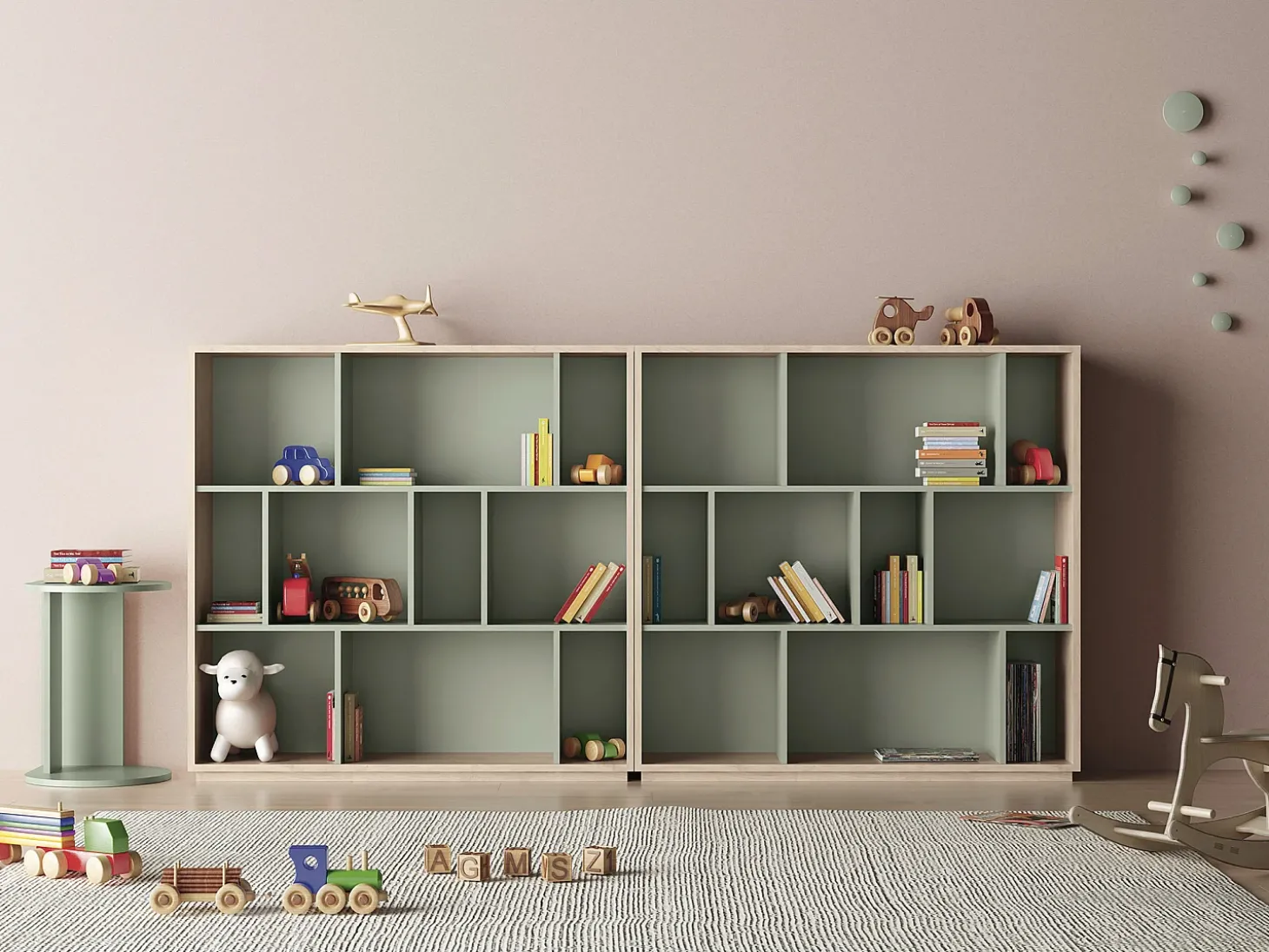 Biblioteca 3 prateleiras - A117cm x C119cm x P32cm carvalho e verde - Nack