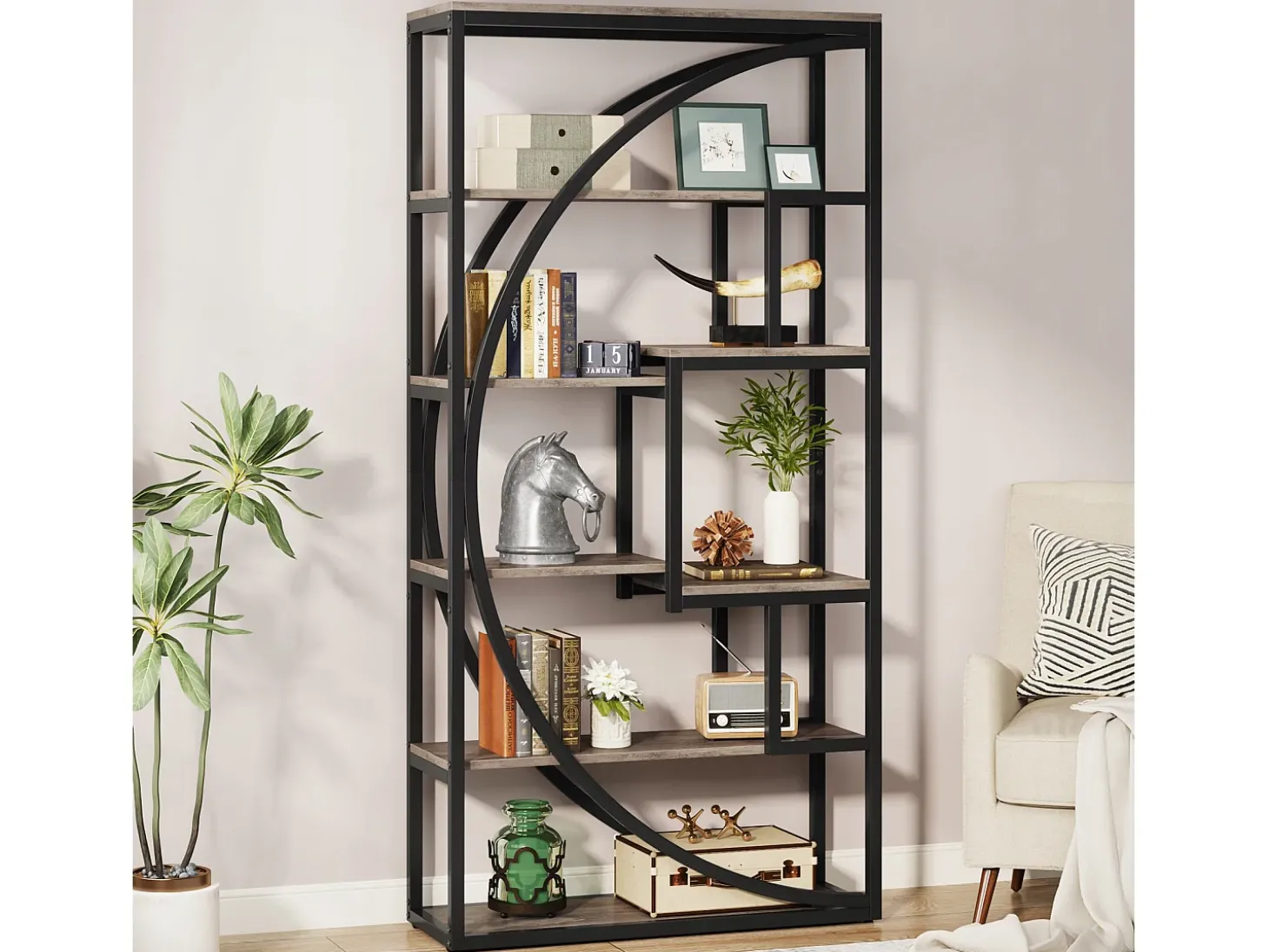 Biblioteca Industrial de 5 Níveis, Biblioteca com 180 cm de Altura com 8 Prateleiras de Armazenamento Abertas