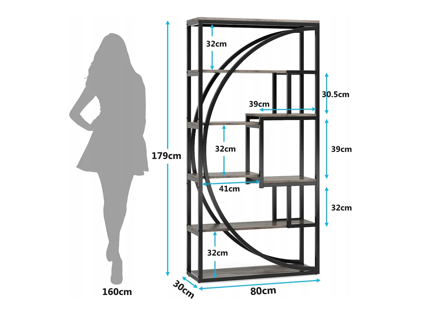 Biblioteca Industrial de 5 Níveis, Biblioteca com 180 cm de Altura com 8 Prateleiras de Armazenamento Abertas