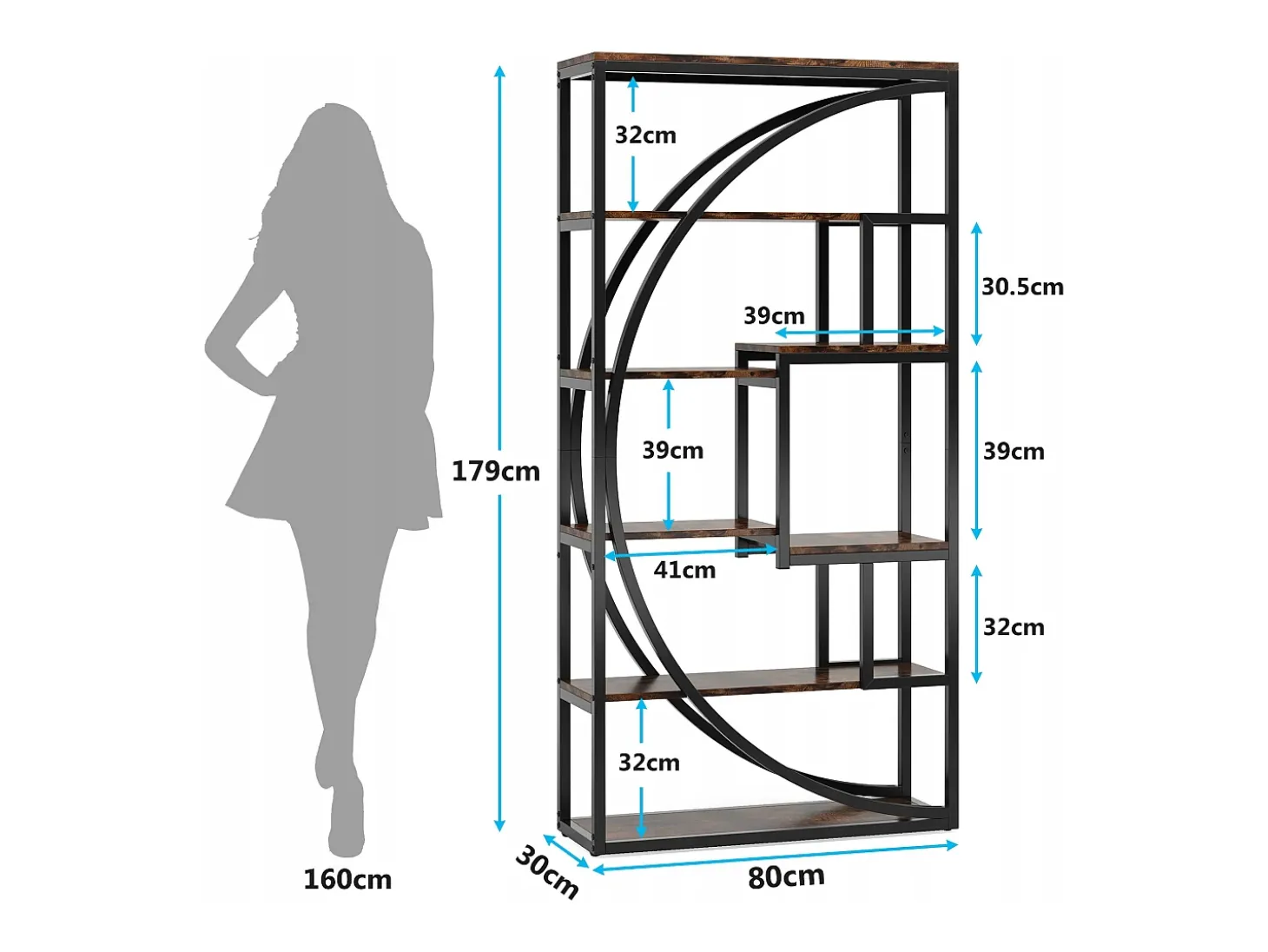 Biblioteca Industrial de 5 Níveis, Biblioteca com 180 cm de Altura com 8 Prateleiras de Armazenamento Abertas