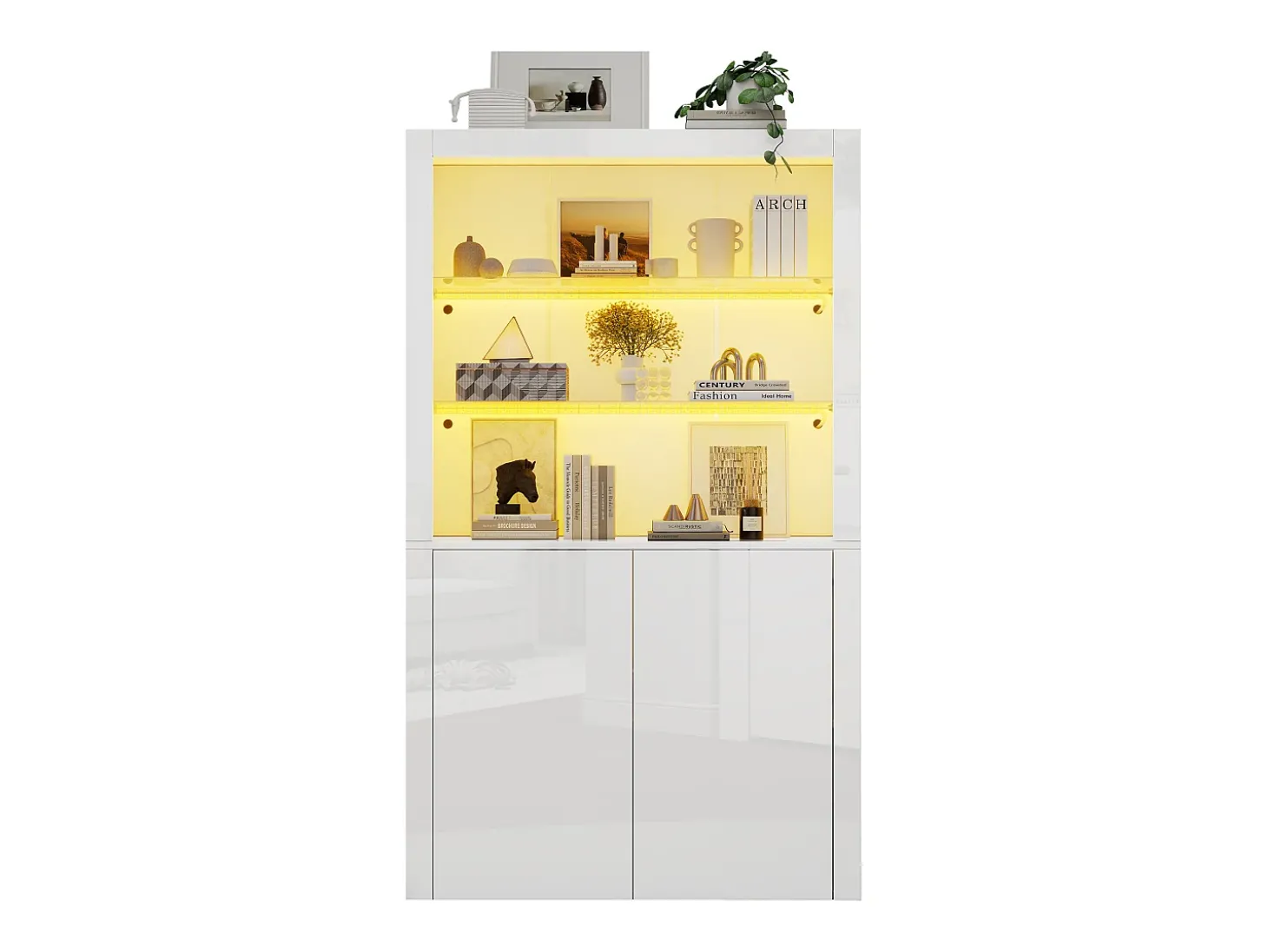 Buffet alto para sala 100x35x170 cm - vitrines com iluminação LED - tampo de vidro temperado - Branco