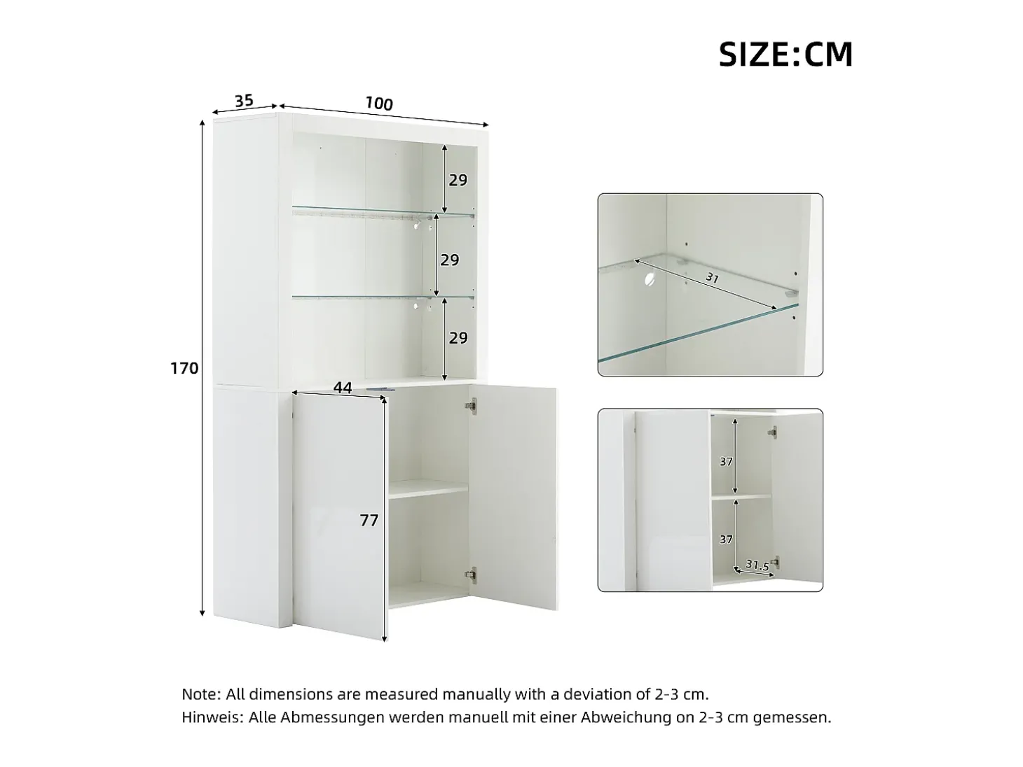 Buffet alto para sala 100x35x170 cm - vitrines com iluminação LED - tampo de vidro temperado - Branco