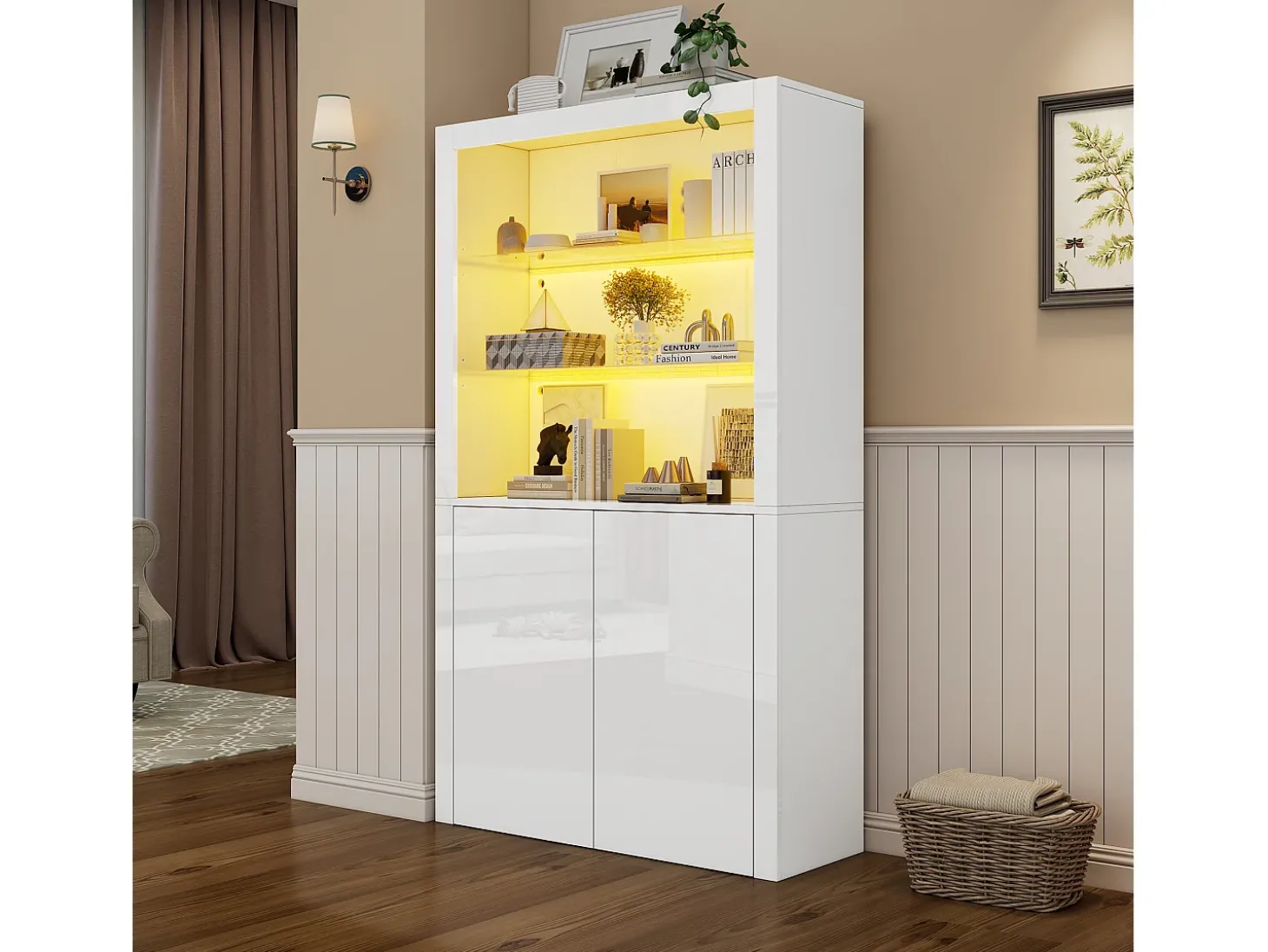 Buffet alto para sala 100x35x170 cm - vitrines com iluminação LED - tampo de vidro temperado - Branco