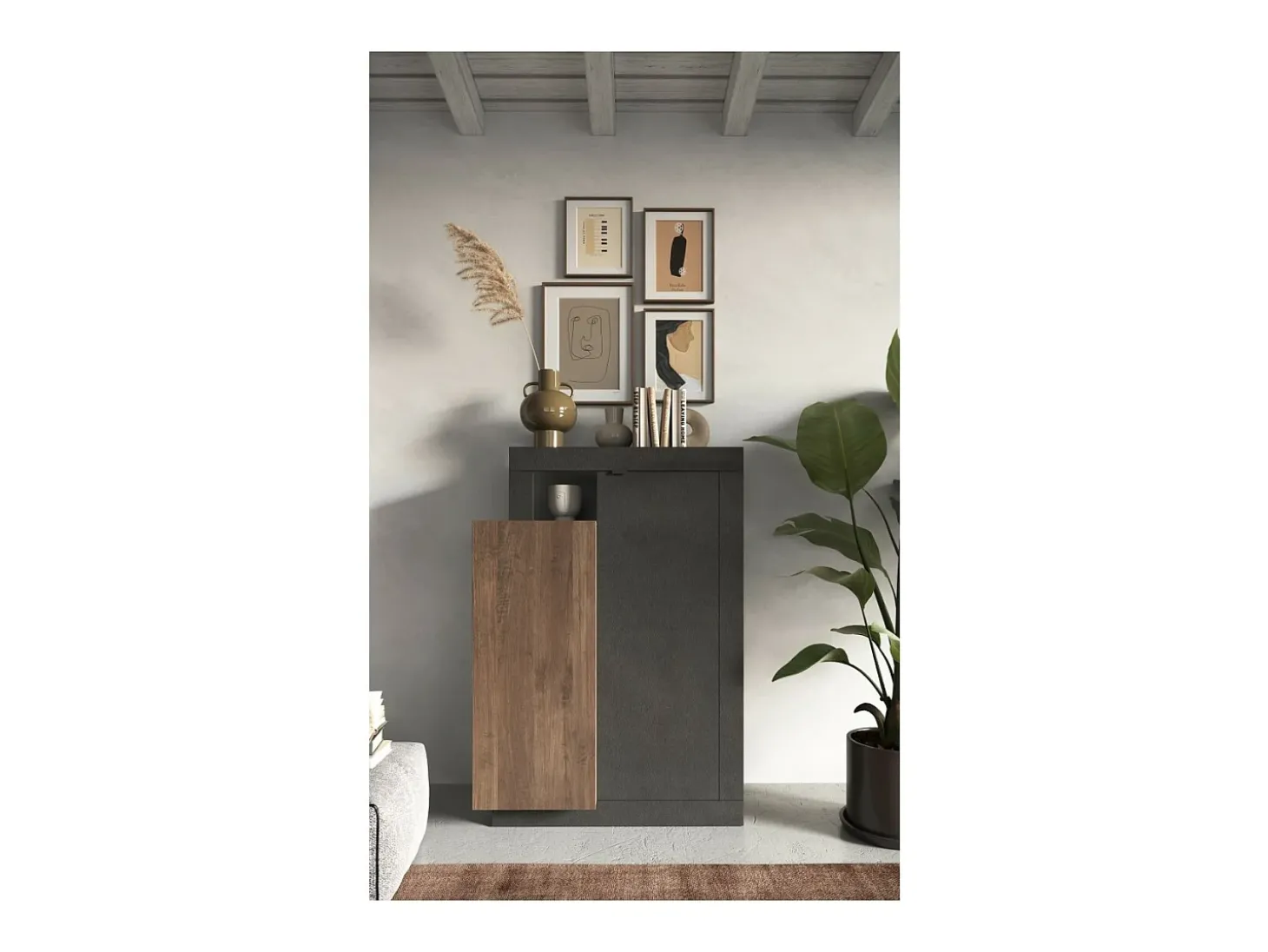 Buffet design com 2 portas coleção DOMI. Cor cinza antracite carvalho escuro