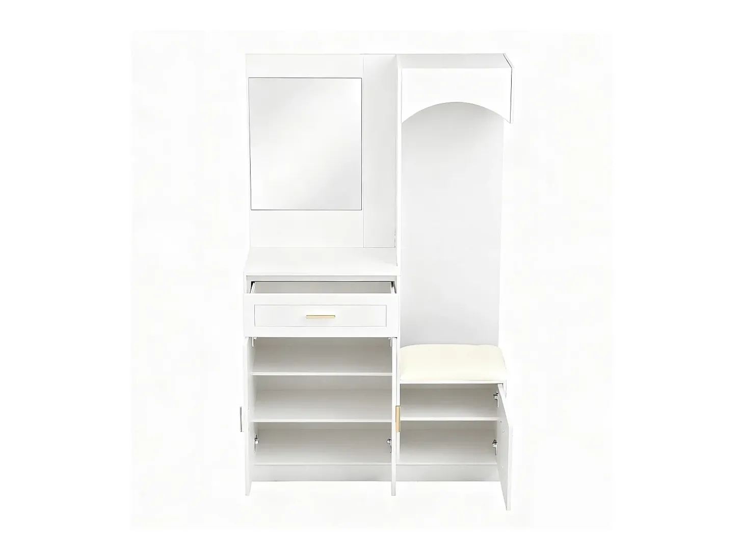 Cabide branco com espelho, sapateira e banco - Móvel para hall de entrada 110x33x185,5 cm