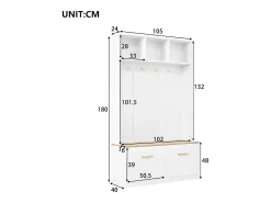 Cabide branco para hall de entrada com banco, 4 ganchos e 2 portas, 105×40×180 cm