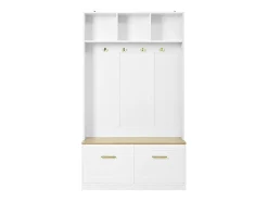 Cabide branco para hall de entrada com banco, 4 ganchos e 2 portas, 105×40×180 cm