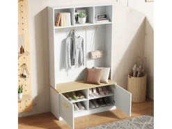 Cabide branco para hall de entrada com banco, 4 ganchos e 2 portas, 105×40×180 cm