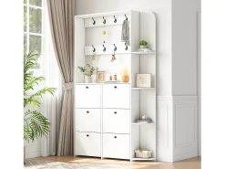 Cabideiro 3 em 1 para corredor - 120 x 24 x 200 cm - com 8 ganchos + 6 sapateiras - aglomerado - branco