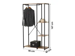 Cabideiro / guarda-roupa aberto com 2 prateleiras e varão para roupas - 90x40x167cm