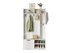 Cabideiro de entrada moderno 100x40x185.4cm - com 6 ganchos e 1 porta - com 4 prateleiras abertas - Branco